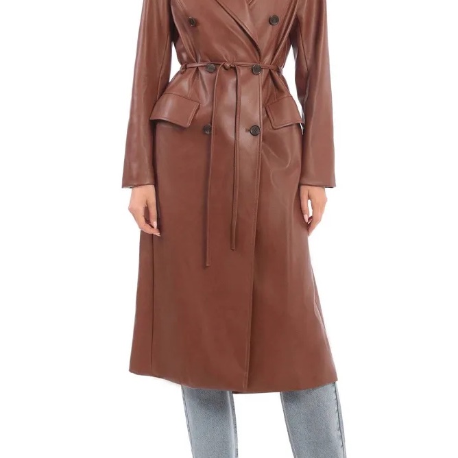 Avec Les Filles With The Girls Sienna Brown Faux Leather Tie-Belt Trench Coat